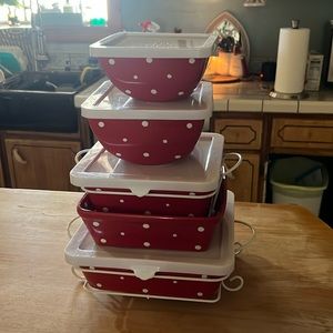 Christmas Temptations red polka dot bakeware. Lids and 2 carriers included.